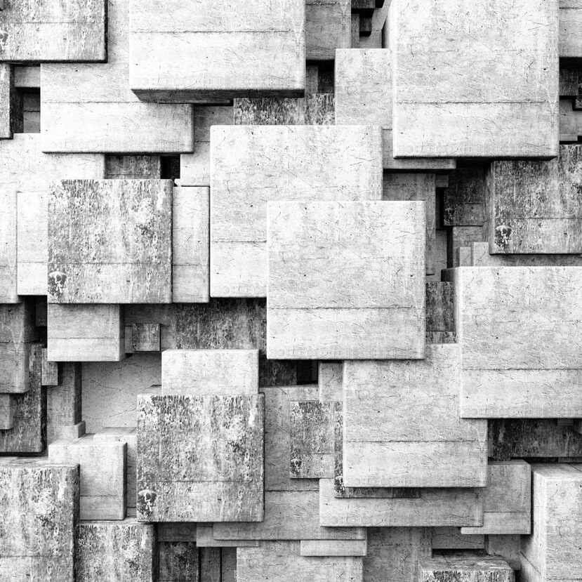 Concrete and cement block walls.3d illustration Stone cubes in a dark room